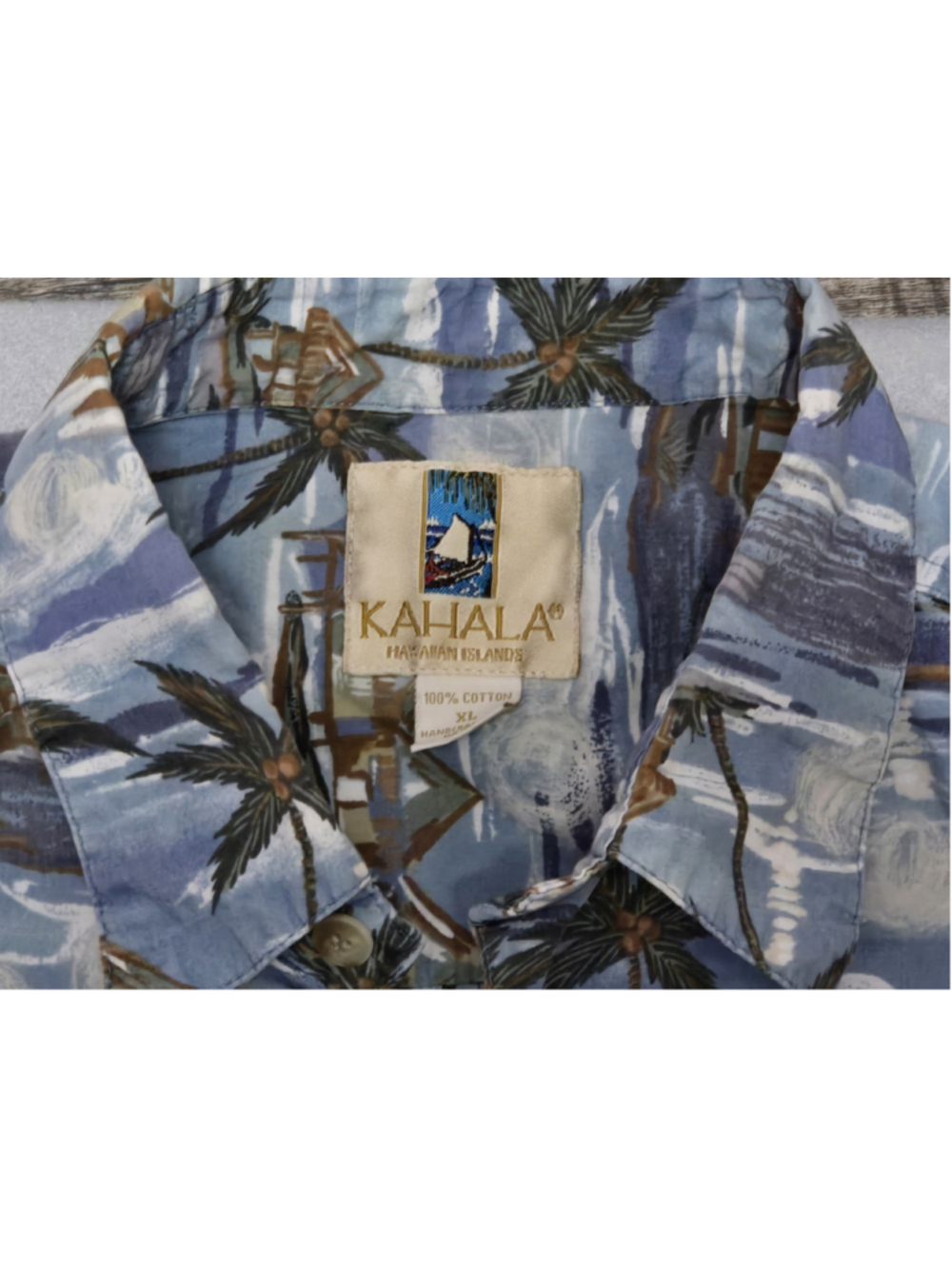 Vintage Kahala Hawaiian Islands Men's XL Aloha Shirt Blue Palm Tree Beach Hut - Picture 3 of 4